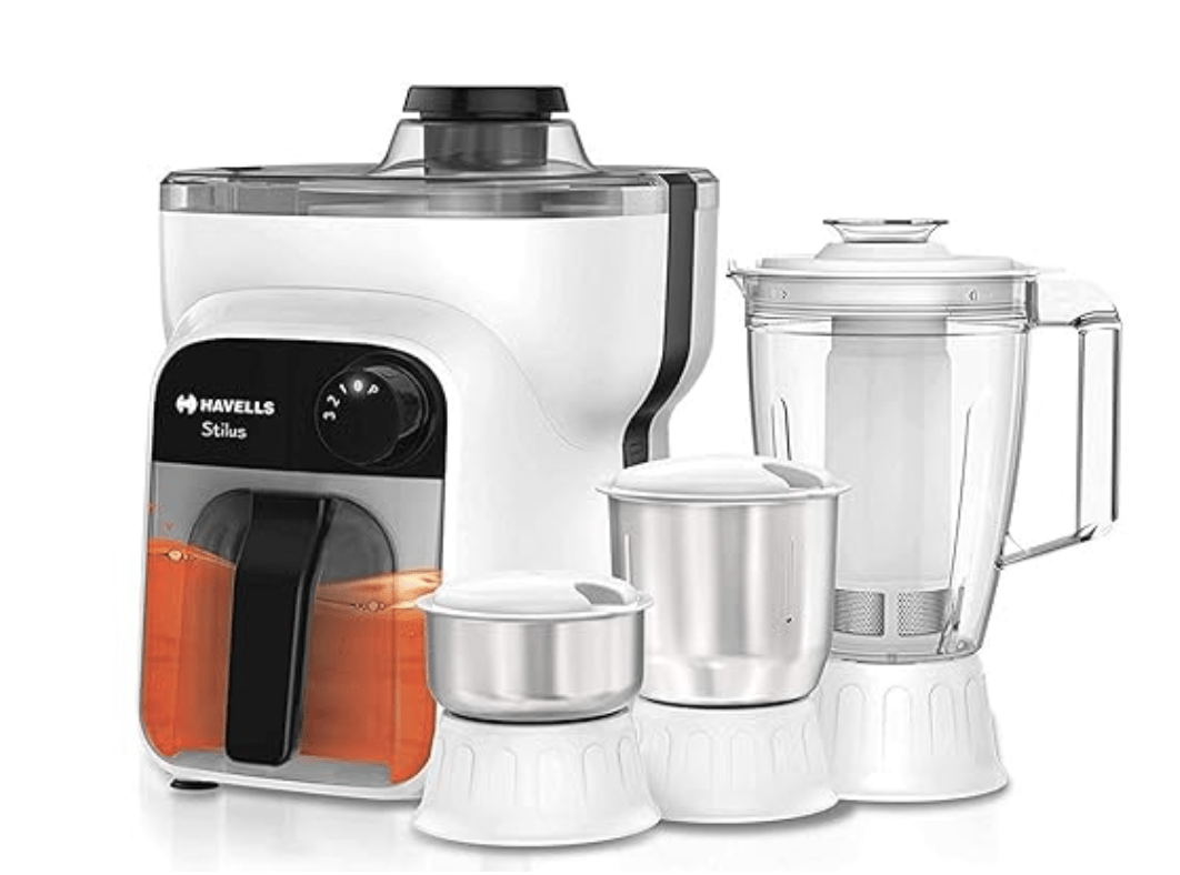 Havells Stilus 500 Watt Juicer Mixer Grinder 4 Jar With 3 Speed Led Indication,Big Size Pulp Container,Juicer Jar With Fruit Filter&Sliding Spout,1 Ltr Transparent Serving Jar(White/Black)500 Watt