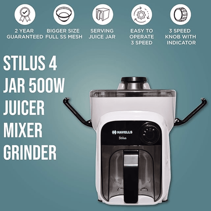 Havells Stilus 500 Watt Juicer Mixer Grinder 4 Jar With 3 Speed Led Indication,Big Size Pulp Container,Juicer Jar With Fruit Filter&Sliding Spout,1 Ltr Transparent Serving Jar(White/Black)500 Watt