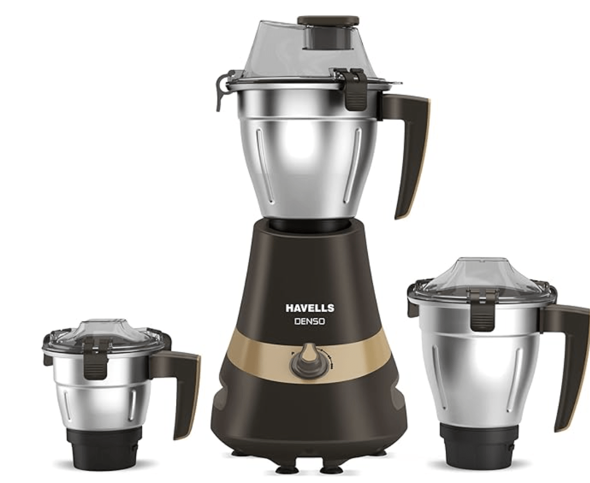 Havells Denso Heavy Duty 900 Watts 3 Jar Mixer Grinder, Ball Bearing Copper Motor, 21000 RPM, Large Size Break Resistant Alluminium Collar Jars with Flow Breaker, 5Years Motor Warranty (Dark Brown)