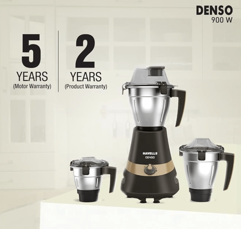 Havells Denso Heavy Duty 900 Watts 3 Jar Mixer Grinder, Ball Bearing Copper Motor, 21000 RPM, Large Size Break Resistant Alluminium Collar Jars with Flow Breaker, 5Years Motor Warranty (Dark Brown)