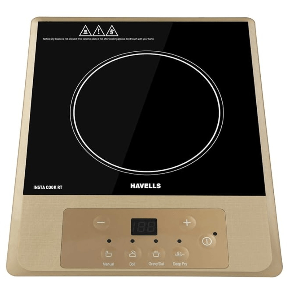 Havells Induction Cooktop Insta Cook - RT | 4 Cooking Options | Glass Ceramic Plate | Soft Touch | Auto Pan Detection | Eneregy Efficient | 3 Yr Coil & 1 Yr Product Manufacturer Warranty|Brown Black