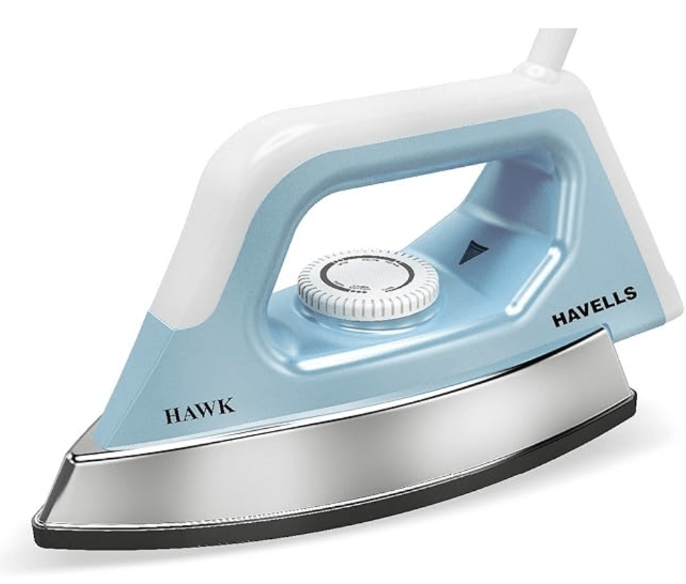 Havells ABS Hawk 1100 Watt Heavy Weight Dry Iron With American Heritage Non Stick Sole Plate, Aerodynamic Design, Easy Grip Temperature Knob & 2 Years Warranty. (Blue & White), 1100 Watts