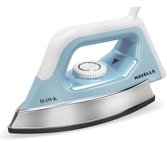 हैवेल्स ABS हॉक 1100 वॉट हैवी वेट ड्राई आयरन, अमेरिकन हेरिटेज नॉन-स्टिक सोल प्लेट, एयरोडायनामिक डिज़ाइन, आसान ग्रिप टेम्परेचर नॉब और 2 साल की वारंटी के साथ। (नीला और सफ़ेद), 1100 वॉट 