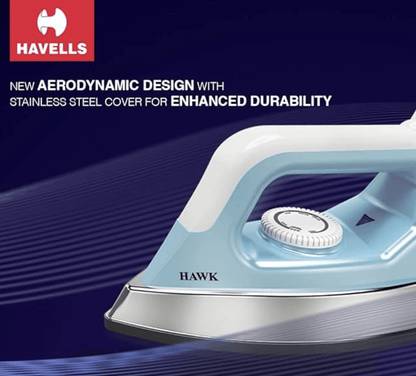 Havells ABS Hawk 1100 Watt Heavy Weight Dry Iron With American Heritage Non Stick Sole Plate, Aerodynamic Design, Easy Grip Temperature Knob & 2 Years Warranty. (Blue & White), 1100 Watts