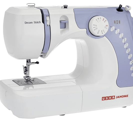 Usha Janome Dream Stitch Automatic Zig-Zag Electric Sewing Machine || 7 Built-In-Stitches || 14 Stitch Function (White & Blue) with complementary Sewing Lessons in Nine languages