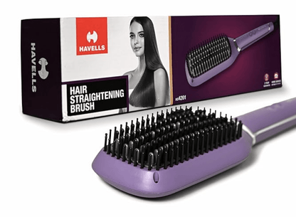 Havells Keratin Infused Hair Straightener Brush with Temperature Control for all hair types | 50W | 2 Years Guarantee | Stunning Purple | HS4201
