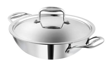 Vinod Platinum Triply Stainless Steel Kadai with lid 2.5 Litre (24 cm Dia) | 2.5mm Thick | 3 Layer Stainless Steel Cookware | 5 Year Warranty | Induction & Gas Base | Heavy Base