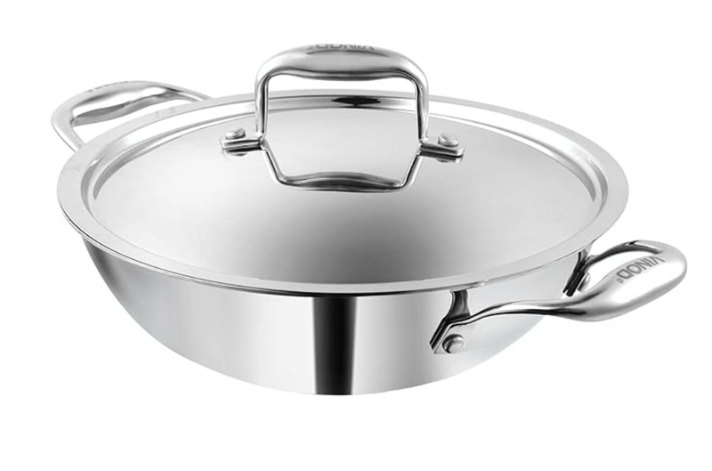 Vinod Platinum Triply Stainless Steel Kadai with lid 3.2 Litre (26 cm Dia) | 2.5mm Thick | 3 Layer Stainless Steel Cookware | 5 Year Warranty | Induction & Gas Base | Heavy Base-1