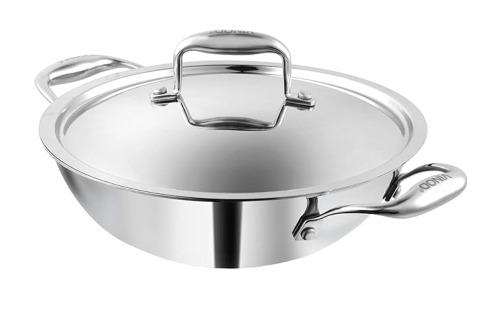 Vinod Platinum Triply Stainless Steel Kadai with lid 3.2 Litre (26 cm Dia) | 2.5mm Thick | 3 Layer Stainless Steel Cookware | 5 Year Warranty | Induction & Gas Base | Heavy Base