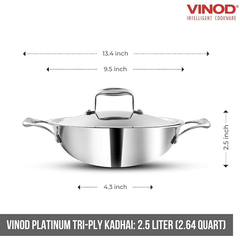 Vinod Platinum Triply Stainless Steel Kadai with lid 2.5 Litre (24 cm Dia) | 2.5mm Thick | 3 Layer Stainless Steel Cookware | 5 Year Warranty | Induction & Gas Base | Heavy Base-2