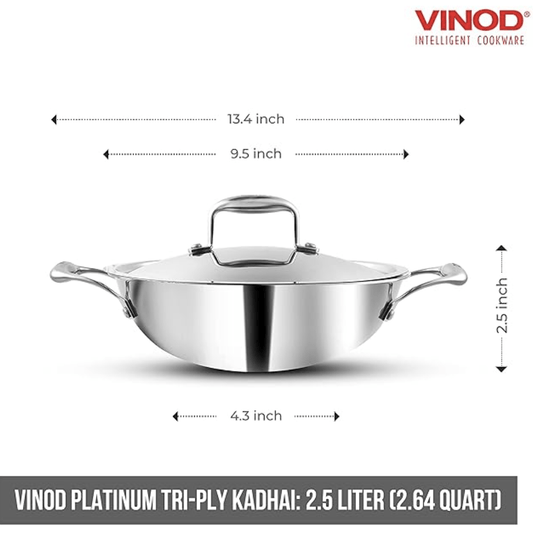 Vinod Platinum Triply Stainless Steel Kadai with lid 2.5 Litre (24 cm Dia) | 2.5mm Thick | 3 Layer Stainless Steel Cookware | 5 Year Warranty | Induction & Gas Base | Heavy Base
