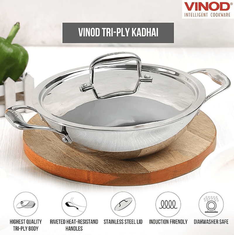 Vinod Platinum Triply Stainless Steel Kadai with lid 3.2 Litre (26 cm Dia) | 2.5mm Thick | 3 Layer Stainless Steel Cookware | 5 Year Warranty | Induction & Gas Base | Heavy Base-2