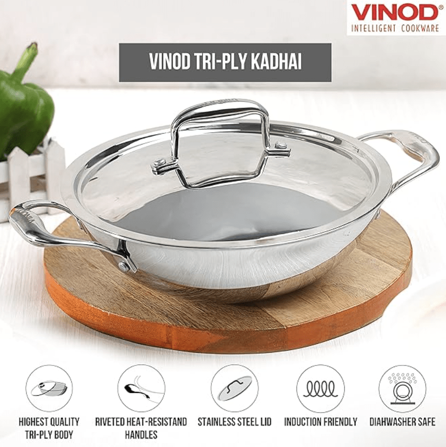 Vinod Platinum Triply Stainless Steel Kadai with lid 1.8 Litre (22 cm Dia) | 2.5mm Thick | 3 Layer Stainless Steel Cookware | 5 Year Warranty | Induction & Gas Base | Heavy Base
