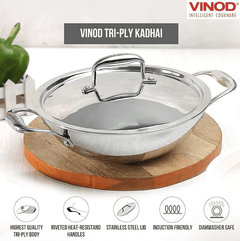 Vinod Platinum Triply Stainless Steel Kadai with lid 3.7 Litre (28 cm) | 2.5mm Thick | 3 Layer Stainless Steel Cookware | 5 Year Warranty | Induction & Gas Base-2