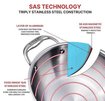 Vinod Platinum Triply Stainless Steel Kadai with lid 1.8 Litre (22 cm Dia) | 2.5mm Thick | 3 Layer Stainless Steel Cookware | 5 Year Warranty | Induction & Gas Base | Heavy Base