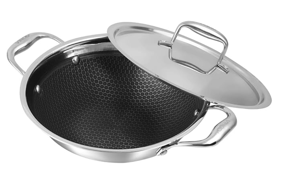 Vinod SAS Pro Platinum Triply Stainless Steel Non Stick Kadhai with Lid - 1.8 Litre, 22 cm | Ceramic Coating | Honeycomb Design Induction Base - 5 Year Warranty