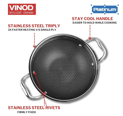 Vinod SAS Pro Platinum Triply Stainless Steel Non Stick Kadhai with Lid - 1.8 Litre, 22 cm | Ceramic Coating | Honeycomb Design Induction Base - 5 Year Warranty