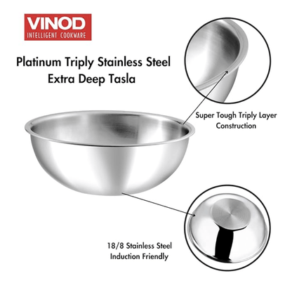 Vinod Platinum Triply Stainless Steel Tasla -3.2 Litre (26 cm) | 2.5 mm Thick | Steel Tasra Kadai/Kadhai | 5 Year Warranty | Induction & Gas Friendly, Heavy Bottom - Silver