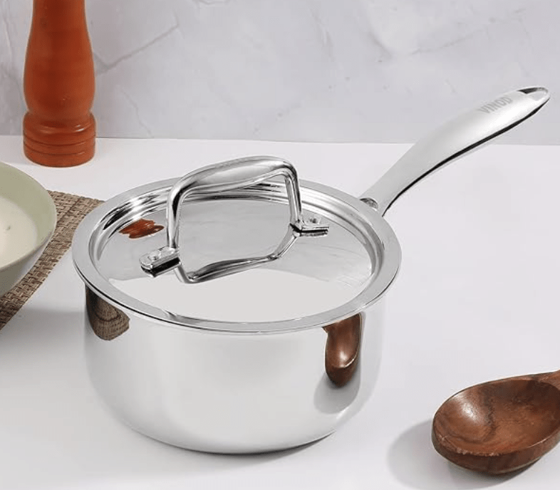 Vinod Platinum Triply Stainless Steel Saucepan with Lid - 16 cm, 1.6 LTR (Induction Friendly)