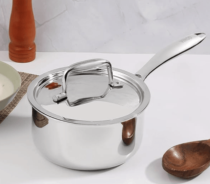 Vinod Platinum Triply Stainless Steel Saucepan with Lid - 2.2 litres (18 cm) | 2.5 mm Thick | Tea, Chai Pan | 5 Year Warranty | Induction & Gas Friendly, Heavy Bottom - Silver