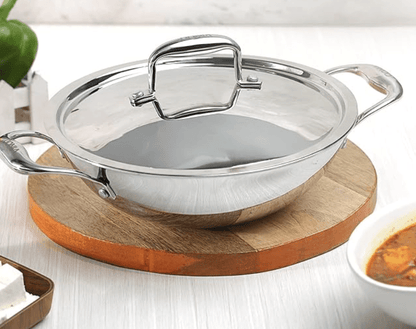 Vinod Platinum Triply Stainless Steel Extra Deep Kadai with Lid 3.7 Litre (26 cm Dia) | 2.5mm Thick | Stainless Steel Cookware | 5 Year Warranty | Induction & Gas Base | Heavy Base