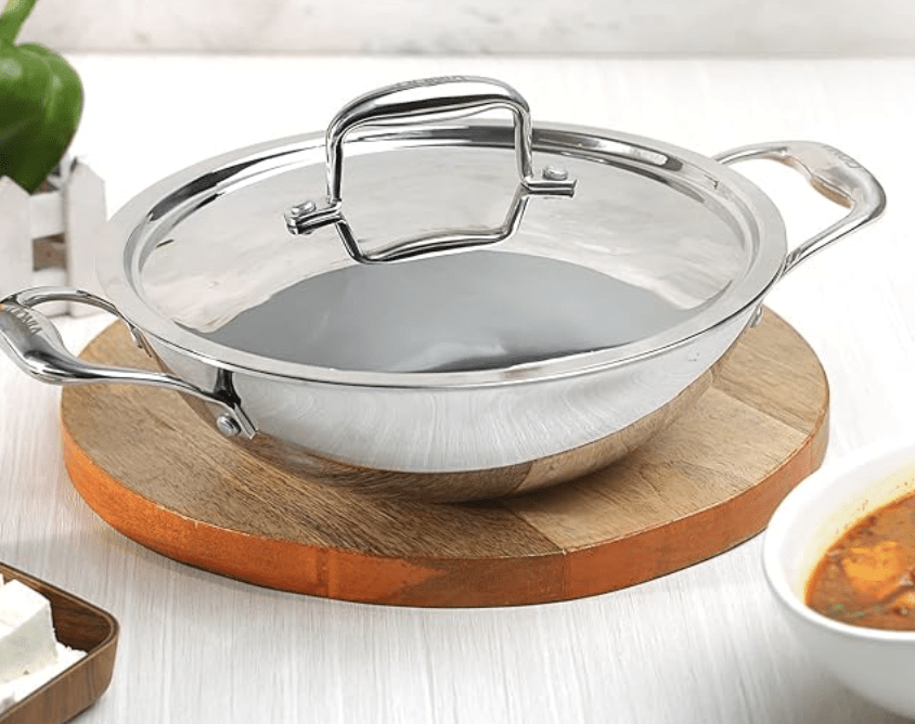 Vinod Platinum Triply Stainless Steel Extra Deep Kadai with Lid 2.5 Litre (22 cm) | 2.5mm Thick | Stainless Steel Cookware | 5 Year Warranty | Induction & Gas Base