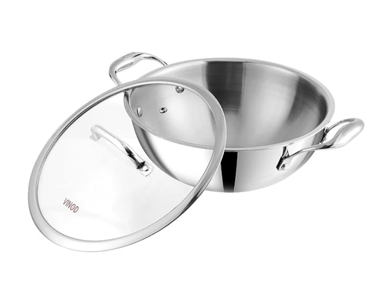 Vinod Platinum Triply Stainless Steel Extra Deep Kadai with Glass Lid 1.2 Litre (18 cm) | 2.5mm Thick | Kadai for Cooking | Heavy Base | Induction & Gas Base | 5 Year Warranty