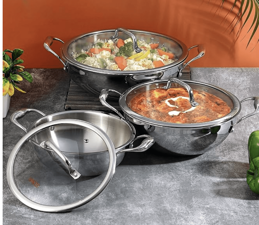 Vinod Platinum Triply Stainless Steel Extra Deep Kadai with Glass Lid 1.8 Litre (20 cm) | 2.5mm Thick | Kadai for Cooking | Heavy Base | Induction & Gas Base | 5 Year Warranty
