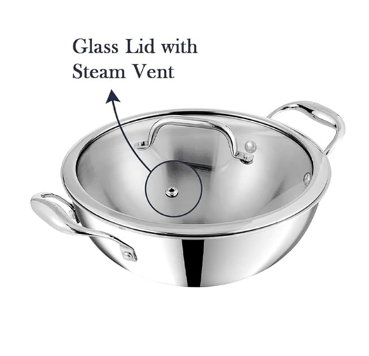 Vinod Platinum Triply Stainless Steel Extra Deep Kadai with Glass Lid 1.2 Litre (18 cm) | 2.5mm Thick | Kadai for Cooking | Heavy Base | Induction & Gas Base | 5 Year Warranty