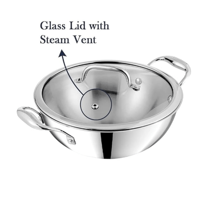 Vinod Platinum Triply Stainless Steel Extra Deep Kadai with Glass Lid 5.5 Litre (30 cm) | 2.5mm Thick | Kadai for Cooking | Heavy Base | Induction & Gas Base | 5 Year Warranty