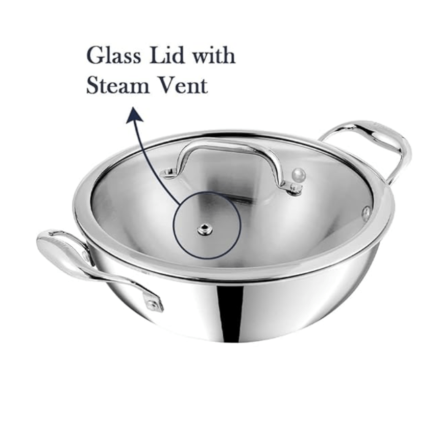 Vinod Platinum Triply Stainless Steel Extra Deep Kadai with Glass Lid 2.5 Litre (22 cm) | 2.5mm Thick | Kadai for Cooking | Heavy Base | Induction & Gas Base | 5 Year Warranty