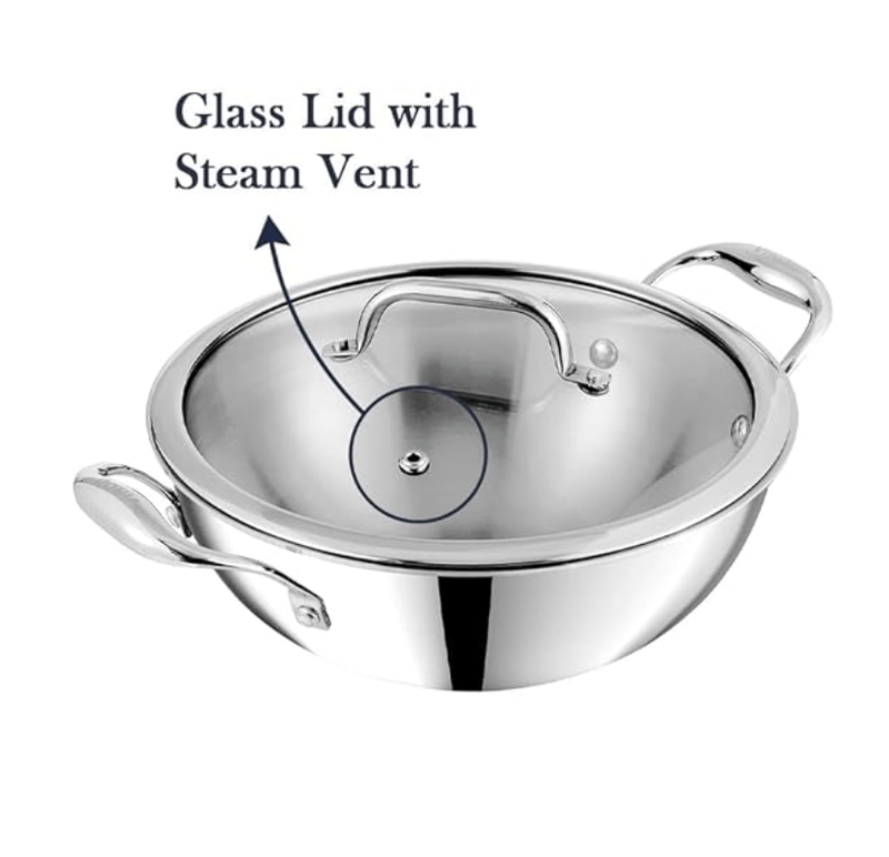Vinod Platinum Triply Stainless Steel Extra Deep Kadai with Glass Lid 3.2 Litre (24 cm) | 2.5mm Thick | Kadai for Cooking | Heavy Base | Induction & Gas Base | 5 Year Warranty-2