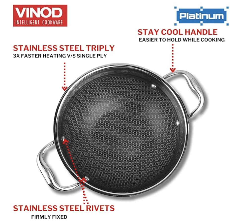 Vinod SAS Pro Platinum Triply Stainless Steel Extra Deep Tasla with Lid - 1.8 Litre | Tri ply Tasla Kadai with Induction Base | Stick Free, 5 Year Warranty - 20 cm