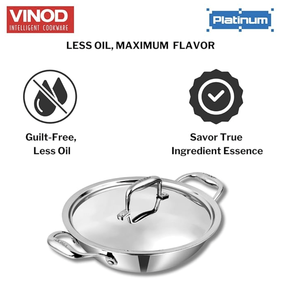 Vinod SAS Pro Platinum Stainless Steel Non Stick Extra Deep Kadai with Lid- 3.3 Litre, 24cm / Hexa Design Triply Kadhai/Ceramic Coating, Induction Base - 5 Year Warranty-3