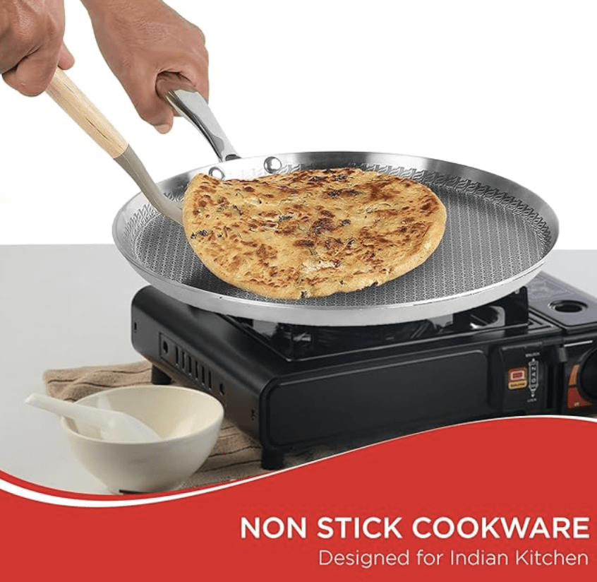 Vinod SAS Pro Platinum Triply Stainless Steel Dosa Tawa - 28 cm | 4.0 mm Thick | Hexa Design | Metal Spoon Friendly | Riveted Handle | Induction Base - 5 Year Warranty