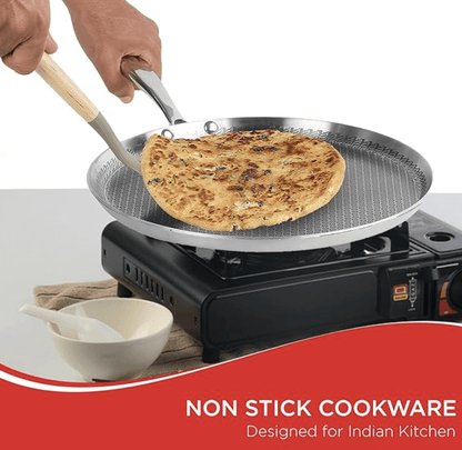 Vinod SAS Pro Platinum Triply Stainless Steel Dosa Tawa - 28 cm | 4.0 mm Thick | Hexa Design | Metal Spoon Friendly | Riveted Handle | Induction Base - 5 Year Warranty