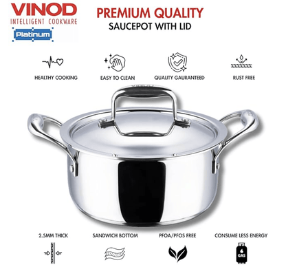 Vinod Platinum Triply Stainless Steel Saucepot with Stainless Steel Lid 4 litres Capacity (22 cm Diameter) with Riveted Handles - Silver (Induction and Gas Stove Friendly)