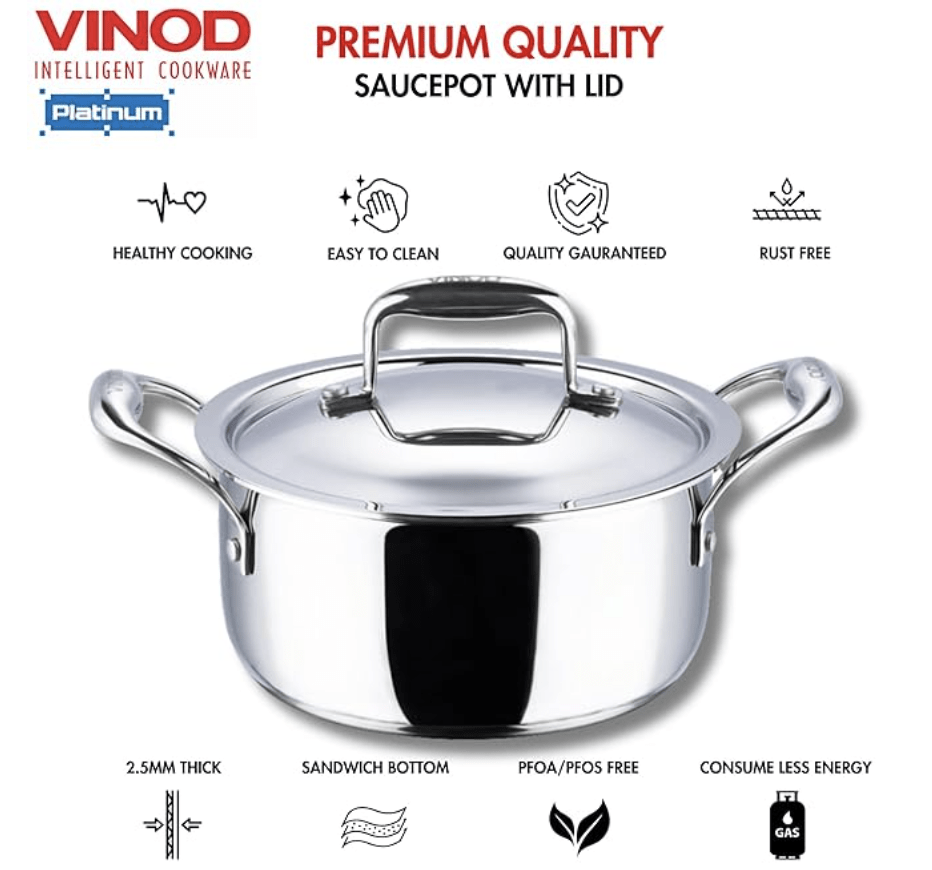 Vinod Platinum Triply Stainless Steel Saucepot with Lid - 3 Litre, 20 cm | 2.5mm Thick | SAS Bottom | Biryani Pot | Induction and Gas Base | 5 Year Warranty - Silver
