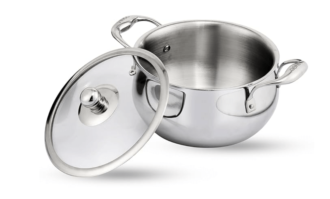 Vinod Belly Shape Platinum Triply Stainless Steel Saucepot - 2.5 Litre, 18cm | Glass Lid | Biryani Pot | Rivetted Handle | Induction & Gas Base - 5 Year Warranty
