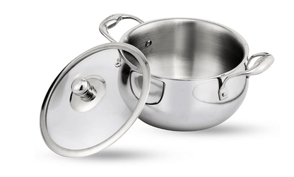 Vinod Belly Shape Platinum Triply Stainless Steel Saucepot - 2 Litre, 16cm | Glass Lid | Biryani Pot | Rivetted Handle | Induction & Gas Base - 5 Year Warranty