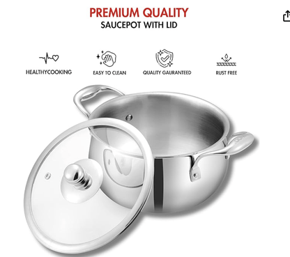 Vinod Belly Shape Platinum Triply Stainless Steel Saucepot - 3.7 Litre, 20cm | Glass Lid | Biryani Pot | Rivetted Handle | Induction & Gas Base - 5 Year Warranty