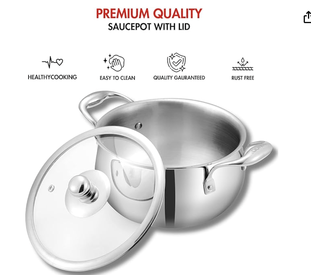 Vinod Belly Shape Platinum Triply Stainless Steel Saucepot - 2 Litre, 16cm | Glass Lid | Biryani Pot | Rivetted Handle | Induction & Gas Base - 5 Year Warranty