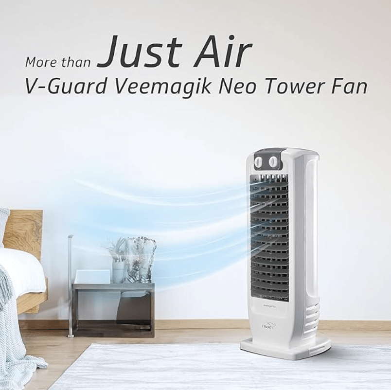 V-Guard Veemagik Neo 17' (43.5cm) Tower Fan | 1300 RPM, 2401 CFM Air Flow | Grey White