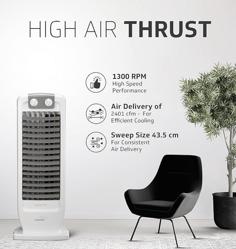 V-Guard Veemagik Neo 17' (43.5cm) Tower Fan | 1300 RPM, 2401 CFM Air Flow | Grey White