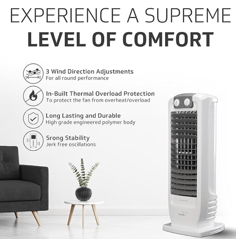 V-Guard Veemagik Neo 17' (43.5cm) Tower Fan | 1300 RPM, 2401 CFM Air Flow | Grey White