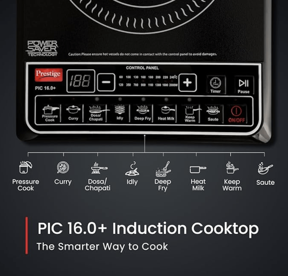 प्रेस्टीज पीआईसी 16.0 प्लस 2000 वॉट इंडक्शन कुकटॉप|भारतीय मेनू विकल्प|स्वचालित पावर और तापमान समायोजन|कीटों से सुरक्षा|1 साल की वारंटी|काला 