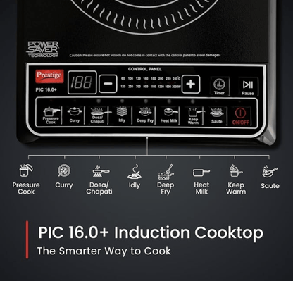 प्रेस्टीज पीआईसी 16.0 प्लस 2000 वॉट इंडक्शन कुकटॉप|भारतीय मेनू विकल्प|स्वचालित पावर और तापमान समायोजन|कीटों से सुरक्षा|1 साल की वारंटी|काला 