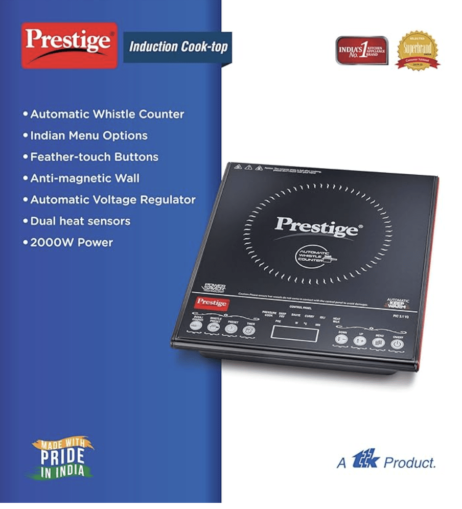प्रेस्टीज PIC 3.1 V3 2000 वॉट इंडक्शन कुकटॉप | काला | स्वचालित सीटी काउंटर | टच पैनल | भारतीय मेनू विकल्प | वोल्टेज रेगुलेटर | स्वचालित गर्म रखने का कार्य 