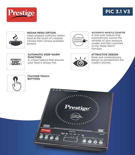 பிரெஸ்டீஜ் PIC 3.1 V3 2000 வாட்ஸ் இண்டக்ஷன் குக்டாப் | கருப்பு | தானியங்கி விசில் கவுண்டர் | டச் பேனல் | இந்திய மெனு விருப்பங்கள் | மின்னழுத்த சீராக்கி | தானியங்கி வெப்பத்தை வைத்திருத்தல் செயல்பாடு 