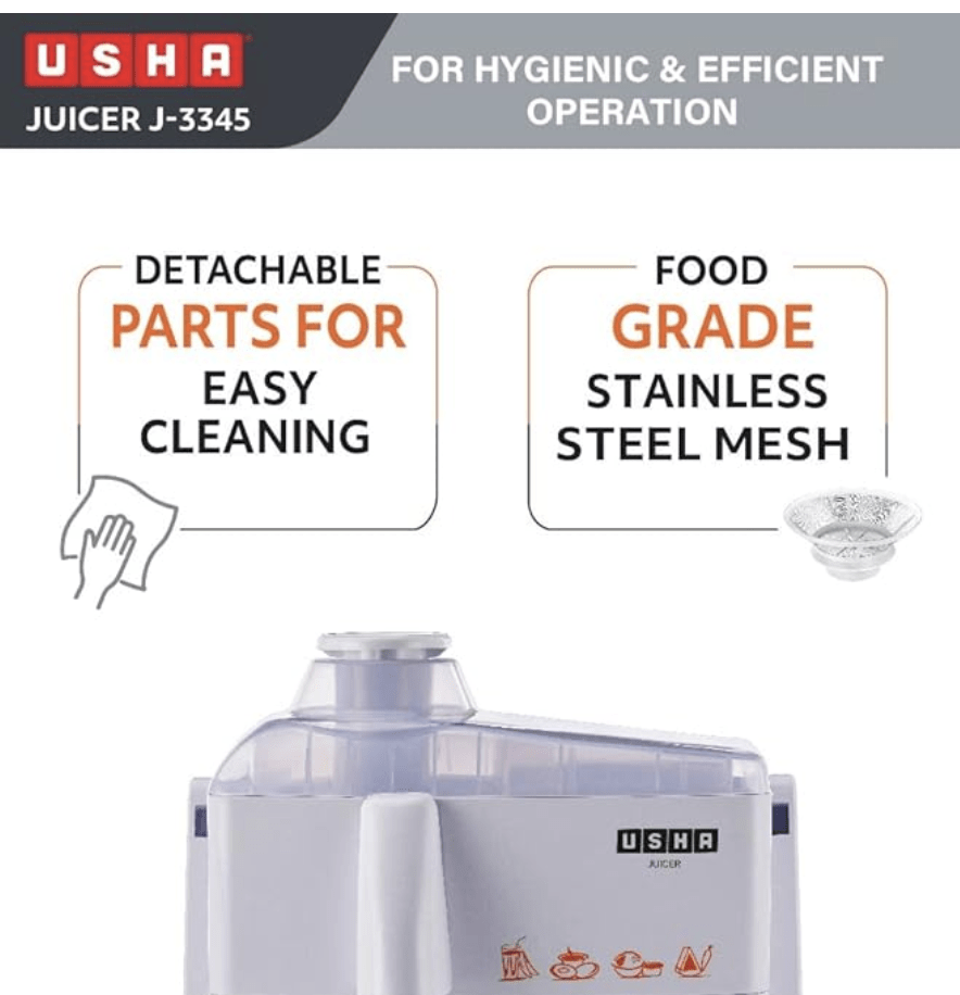 USHA J 3345 450 Watts Juicer, 5 Years Warranty On Motor, 3 Speed With Pulse Function, White